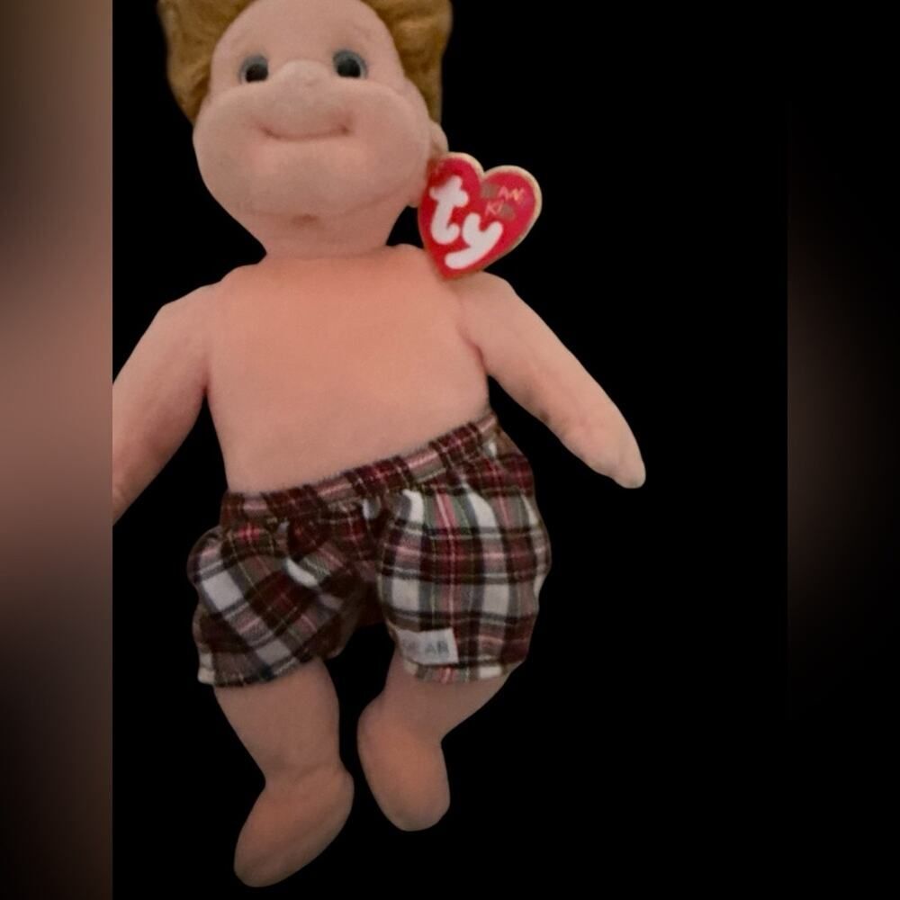 Ty Peach Skin Plush Doll with Brown Plaid Shorts and Red Tag